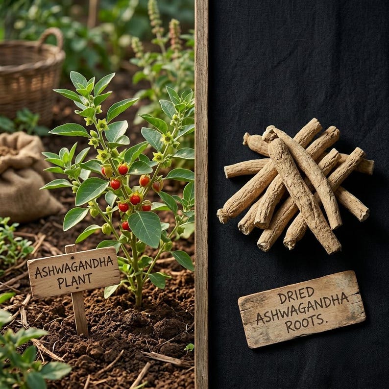 May include: A split-view image showing a green ashwagandha plant with small red berries and a wooden sign labeled ASHWAGANDHA PLANT on the left, and a pile of light brown dried ashwagandha roots with a sign labeled DRIED ASHWAGANDHA ROOTS on the right.