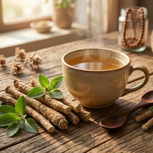 May include: A ceramic mug filled with steaming amber liquid, positioned next to a pile of light brown woody roots and fresh green leaves. A dark wooden spoon rests nearby, and a glass jar containing brown beads sits in the background.