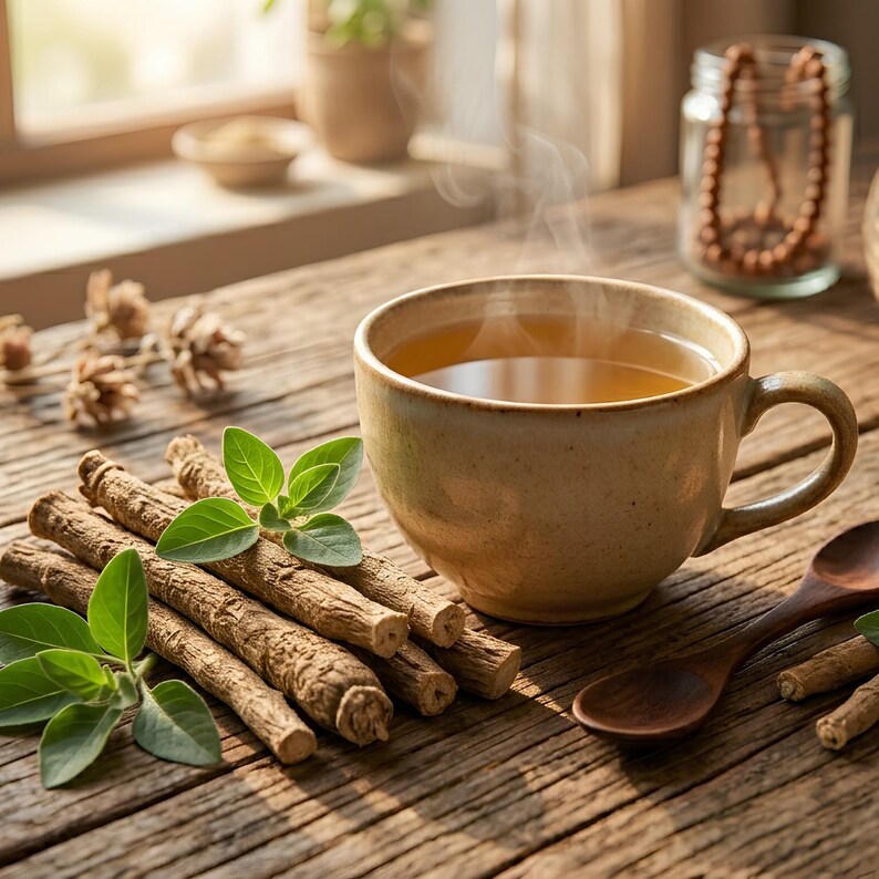 May include: A ceramic mug filled with steaming amber liquid, positioned next to a pile of light brown woody roots and fresh green leaves. A dark wooden spoon rests nearby, and a glass jar containing brown beads sits in the background.