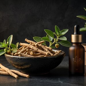 May include: A dark brown glass dropper bottle with a gold cap and a leaf icon, positioned next to a dark ceramic bowl filled with light brown woody roots and green leafy sprigs. Additional roots lie on the surface in the foreground.