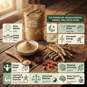 May include: A brown paper pouch labeled Dried Ashwagandha Roots with a twine bow, a bowl of beige powder, a wooden spoon, and a pile of woody roots. Infographic panels display text about sleep, energy, immunity, and brain health with icons.
