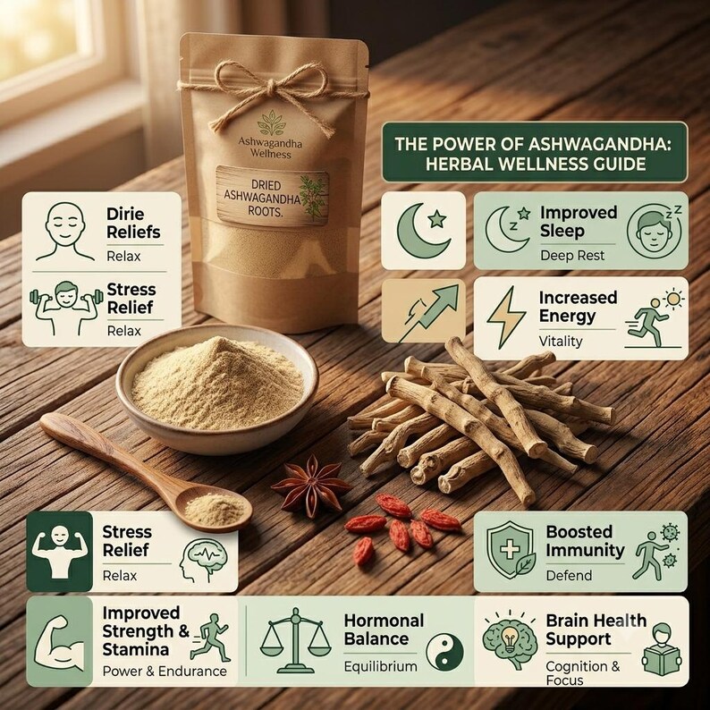 May include: A brown paper pouch labeled Dried Ashwagandha Roots with a twine bow, a bowl of beige powder, a wooden spoon, and a pile of woody roots. Infographic panels display text about sleep, energy, immunity, and brain health with icons.