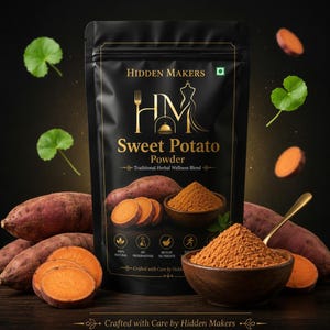 May include: A black stand-up pouch of Hidden Makers Sweet Potato Powder. The label features the text 'Sweet Potato Powder', 'Traditional Herbal Wellness Blend', and 'Crafted with Care by Hidden Makers'. Whole and sliced sweet potatoes surround the pouch.