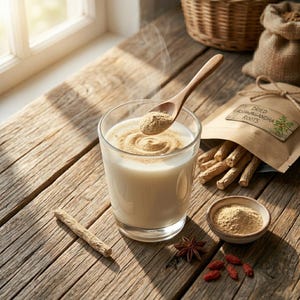 May include: A clear glass filled with a creamy white liquid topped with a swirl of light brown powder, accompanied by a wooden spoon, a small bowl of powder, a paper bag labeled Dried Ashwagandha Roots, and scattered root pieces.