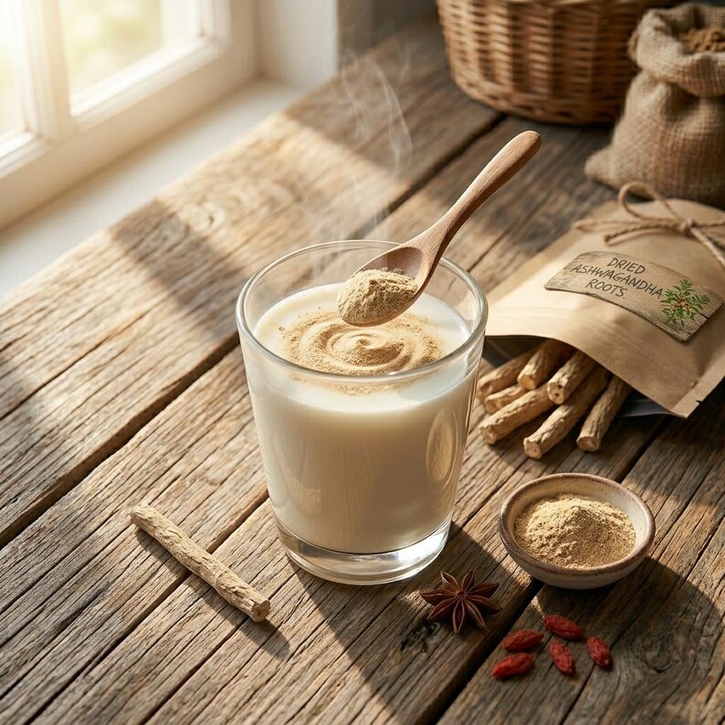 May include: A clear glass filled with a creamy white liquid topped with a swirl of light brown powder, accompanied by a wooden spoon, a small bowl of powder, a paper bag labeled Dried Ashwagandha Roots, and scattered root pieces.