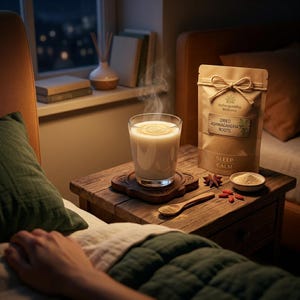May include: A glass of steaming warm milk with a swirl pattern on top, placed next to a tan pouch labeled Ashwagandha Wellness Dried Ashwagandha Roots Sleep Calm, a small bowl of powder, a wooden spoon, and a star anise on a wooden table.