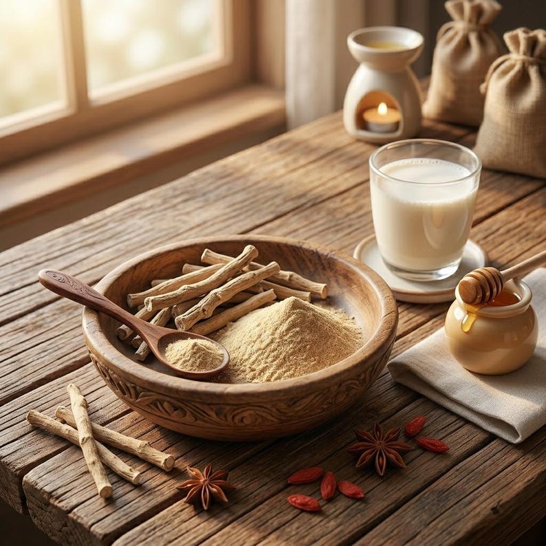 May include: A carved wooden bowl containing light beige powder and several woody root sticks, accompanied by a wooden spoon, a glass of milk, a small honey pot with a dipper, star anise, and goji berries on a rustic wooden surface.