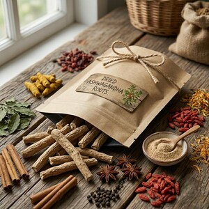 May include: A brown paper pouch tied with twine containing dried ashwagandha roots, with a label reading "DRIED ASHWAGANDHA ROOTS." The pouch is surrounded by loose herbs, spices, goji berries, cinnamon sticks, and a small bowl of powder.
