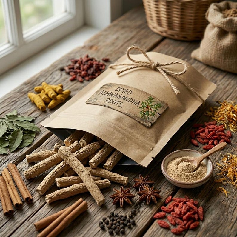 May include: A brown paper pouch tied with twine containing dried ashwagandha roots, with a label reading "DRIED ASHWAGANDHA ROOTS." The pouch is surrounded by loose herbs, spices, goji berries, cinnamon sticks, and a small bowl of powder.