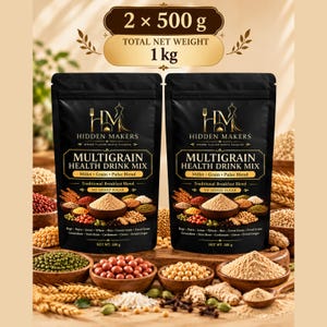 May include: Two black pouches of Hidden Makers Multigrain Health Drink Mix, each labelled 500g for a total net weight of 1kg. The packaging features gold text, a logo, and illustrations of various grains, pulses, and spices.