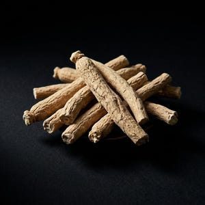 May include: A cluster of dried, light tan ginseng roots with a rough, wrinkled, and fibrous texture. The roots are arranged in a radial pattern, showcasing their cylindrical shape and woody appearance against a solid black background.