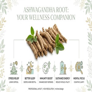 May include: A cluster of light brown ashwagandha roots with green leaves, centered above five icons labeled Stress Relief, Better Sleep, Immunity Boost, Sustained Energy, and Mental Focus, with the text Ashwagandha Root: Your Wellness Companion.