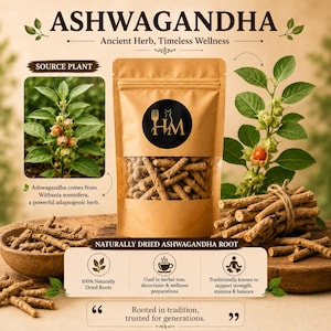 May include: A brown paper pouch filled with dried ashwagandha roots, featuring a black circular logo with the letters HM. The image includes text labels like ASHWAGANDHA, SOURCE PLANT, and NATURALLY DRIED ASHWAGANDHA ROOT, alongside illustrations of the plant.