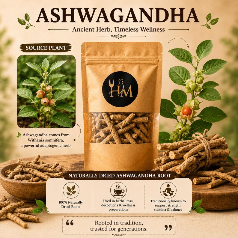 May include: A brown paper pouch filled with dried ashwagandha roots, featuring a black circular logo with the letters HM. The image includes text labels like ASHWAGANDHA, SOURCE PLANT, and NATURALLY DRIED ASHWAGANDHA ROOT, alongside illustrations of the plant.