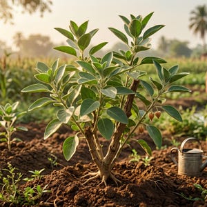 May include: An ashwagandha plant with green, oval-shaped leaves and small, light-brown, bell-shaped fruits growing from its woody stems, planted in dark soil, with a small metal watering can positioned to the right of the plant base.