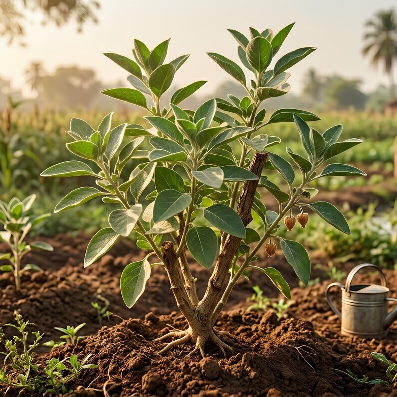 May include: An ashwagandha plant with green, oval-shaped leaves and small, light-brown, bell-shaped fruits growing from its woody stems, planted in dark soil, with a small metal watering can positioned to the right of the plant base.