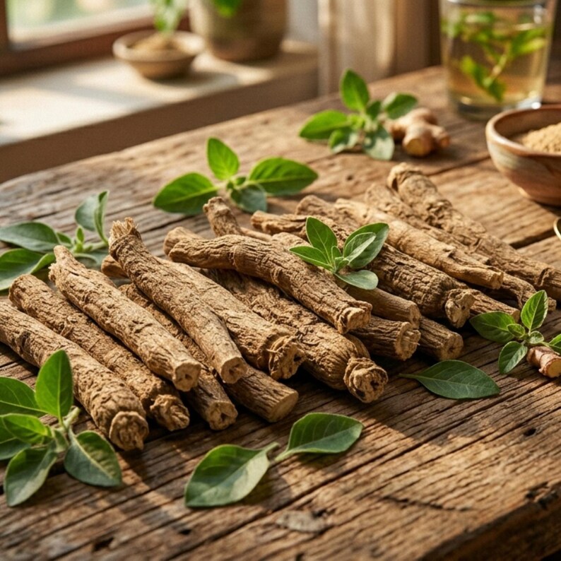 May include: A collection of dried, light brown, woody ginseng roots arranged on a rustic, dark wooden surface. The roots are long, cylindrical, and textured, interspersed with several small, vibrant green leaves scattered across the table.
