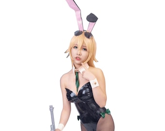 Handmade Black Latex Bunny Girl Bodysuit  Custom Size Latex Cosplay Costume | Green Accent Latex Bunny Suit