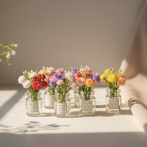 Op de afbeelding: Een verzameling kleine glazen potjes, elk met een boeket kleurrijke miniatuur bloemen. De bloemen zijn in tinten rood, wit, roze, paars, geel en oranje. Elk potje heeft een label met de tekst "GOOD LUCK".