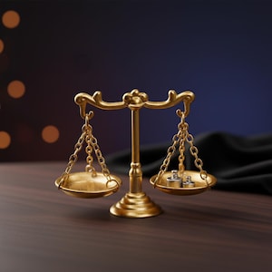 Puede incluir: Una pequeña balanza dorada de estilo antiguo con dos platillos circulares suspendidos por cadenas. La balanza está sobre una superficie de madera oscura, con un fondo borroso de luces bokeh y un degradado azul oscuro.