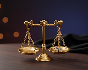 Miniature Scales of Justice, Vintage Metal Dollhouse Decor, Tiny Gold Balance Scale with Weights, Unique Lawyer Gift, Apothecary Miniature