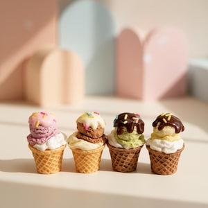 May include: Four miniature ice cream cones with various flavours and toppings. The cones are made of a waffle-like material, and the ice cream scoops are pink, brown, green, and yellow. Each scoop is topped with sprinkles or chocolate sauce. The background is a soft pastel.