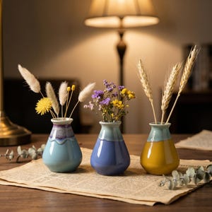 May include: Three small ceramic vases with a rounded base and narrow neck. The left vase is light blue with a purple rim, the center is blue with a light blue rim, and the right is yellow with a light blue rim. Each holds dried flowers and wheat.