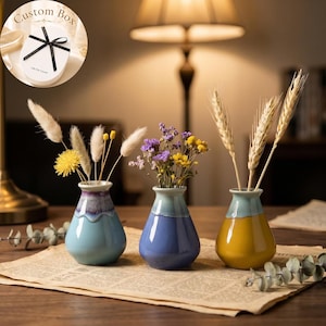 Può includere: Tre piccoli vasi in ceramica con finitura lucida, ognuno caratterizzato da uno schema di colori bicolore. I vasi contengono fiori secchi e steli di grano. Un inserto circolare mostra una scatola regalo bianca con un nastro nero.