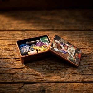 May include: A small, open, rectangular sewing kit on a wooden surface. The kit contains spools of thread, a measuring tape, gold scissors, and other sewing notions. The lid of the kit is decorated with an image of spools of thread and sewing supplies.