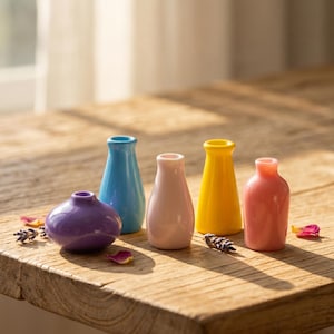 Puede incluir: Un conjunto de cinco pequeños jarrones de cerámica de diversas formas y colores, que incluye un jarrón morado redondo, uno azul alto, uno rosa pálido, uno amarillo brillante y uno de color coral suave, dispuestos sobre una superficie de madera.