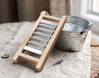 Miniature Rustic Washboard and Metal Tub Set, Dollhouse Laundry Decor, Farmhouse Tiny House Accessory, Handmade Miniatures