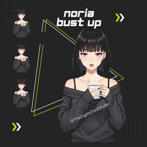 Könnte beinhalten: Digitale Illustration einer Frau mit schwarzen Haaren und lila Augen, die eine weiße Tasse hält. Das Bild enthält den Text "noria bust up" und ein geometrisches Design mit grünen und weißen Linien. Die Frau trägt einen schwarzen Off-Shoulder-Pullover.