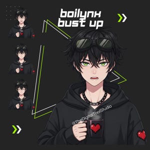 May include: Digital illustration of a character with black hair and green eyes, wearing a black hoodie and goggles. The character holds a mug with a pixelated red heart. The text "boilynx bust up" is at the top, with the handle "@TheDigitalToolStudio" at the bottom.