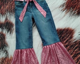 Size 10 Girls Pink SEQUIN BELL BOTTOMS Jeans  with Sash