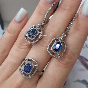 Kyanite Gemstone Earring- Natural Ruby Ring-Natural Pave Diamond Jewelry-925 Sterling Silver Set