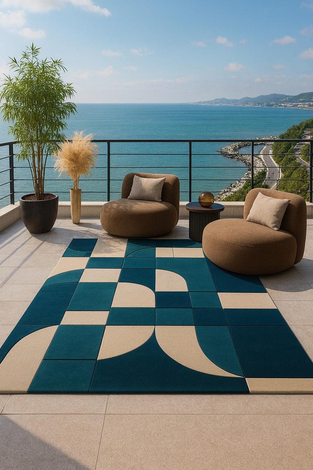 Modern Geometric Hand Tufted Wool Rug | Blue Cream Abstract Area Rug ...