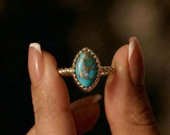 Anillo de cobre turquesa bañado en oro de 18 quilates, piedra preciosa natural geométrica, joyería para mujer