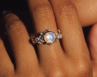 925 Silver Round Moss Agate Ring, 18k Gold Moonstone Adjustable Rings, Diamond Paved Natural Stone Rings, Birthday Gift, Gift for Her