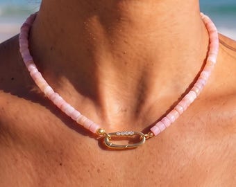Collar con dije de oro de 18k y piedras preciosas, collar con cuentas de ópalo rosa, collar de turquesa natural, collar de piedra natural para mujer, regalo para ella.