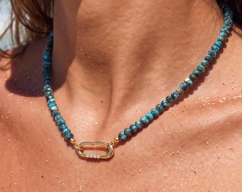 Collar delicado con cuentas de piedras preciosas, collar con dije de oro de 18k, collar de turquesa, collar de ópalo rosa para mujer, joyería de collar de crisoprasa