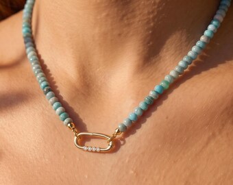 Collar de cuentas de piedras preciosas hecho a mano, collar de amazonita con diamantes pavé, collar de jade australiano para mujer, collar de turquesa natural