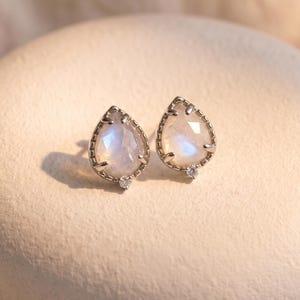 925 Silver Drop Shape Moonstone Stud Earrings, Diamond Paved Gemstone Earring for Women, Moonstone Jewelry