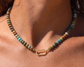 Collar minimalista de piedra natural, collar de turquesa con dije de oro de 18k, collar de ópalo rosa, collar de piedras preciosas para mujer, regalo de Navidad