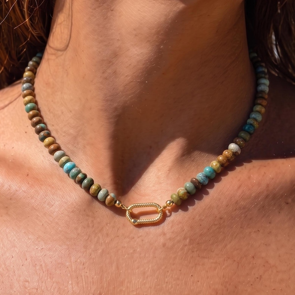 Minimalist Natural Stone Necklace, 18k Gold Charm Turquoise Necklace, Pink Opal Necklace, Gemstone Necklace for Women, Christmas Gift