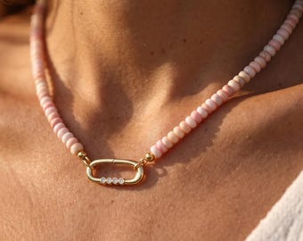 Elegante collar de ópalo rosa natural, collar de cuentas de piedras preciosas para mujer, collar de piedra natural, collar de turquesa, regalo para ella.