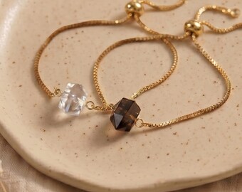 Pulsera con dije de cristal natural chapada en oro de 18k, pulsera ajustable de cuarzo ahumado para mujer, joyería, regalo de cumpleaños, regalo para ella.