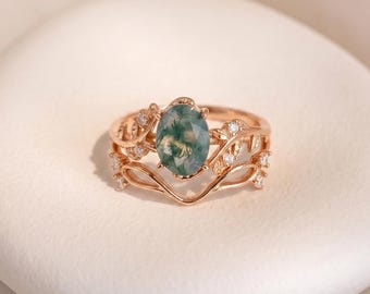 925 Silver Oval Moss Agate Ring Set, Rose Gold Plated Gemstone Rings for Women, Natural Stone Adjustable Ring, Diamond Ring, Christmas Gift