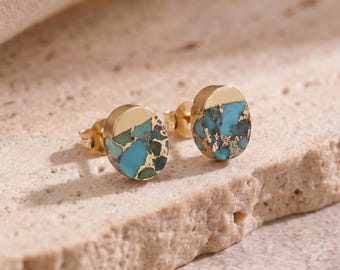 Pendientes ovalados de cobre con turquesa para mujer, pendientes de piedra natural chapados en oro de 18k, pendientes de turquesa, regalo para ella.