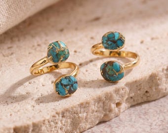 Freeform Double Copper Turquoise Adjustable Ring, 18k Gold Plated Gemstone Rings for Women, Turquoise Jewelry, Birthday Gift for Her