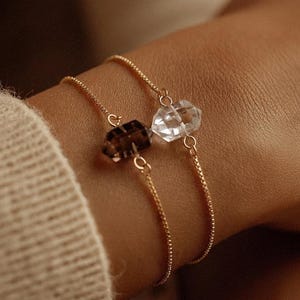18k Gold Plated Natural White Crystal Smoky Quartz Charm Bracelet Adjustable Jewelry